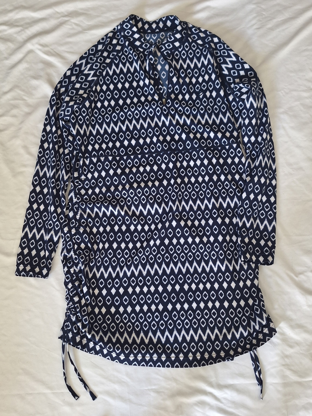 Coolibar Hokulani Ruche Swim Dress Navy Blue And White Women's Size Large